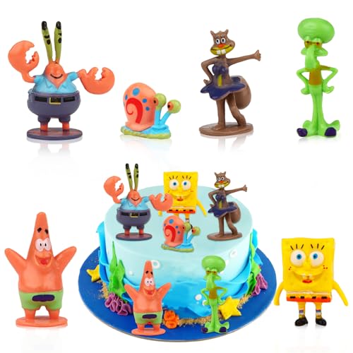 Sponge-bob Geburtstag Deko, 6 Stück Mini Figuren, S-pongebob Tortendeko Spielzeug, Tortenaufleger Figur Model, Cartoon Cupcake Topper für Kinder von Powmag