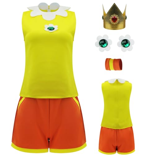 Poybraxh Prinzessin Gänseblümchen Cosplay Kostüm Damen Tennis Outfit Top Shorts Set mit Krone Erwachsene Sportanzug für Halloween L von Poybraxh