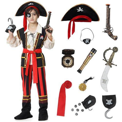 Piraten Kostüm Kinder Jungen, Kostüm Pirat Kinder mit Zubehör Set, Pirate Costume Kids Boys Halloween Faschingskostüme Kinder Junge Pirat, Piratenkostuem für 3 4 5 6 7 8 9 10 11 12 Jahre von Poywuo