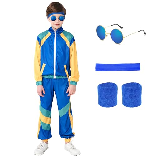 Poywuo 80er 90er Jahre Kostüm Kinder Jungen Mädchen 80s 90s Jogginganzug Trainingsanzug Sportanzug Tracksuit für Fasching Halloween Karneval Mottoparty,Blau,M(8-10 jahre) von Poywuo