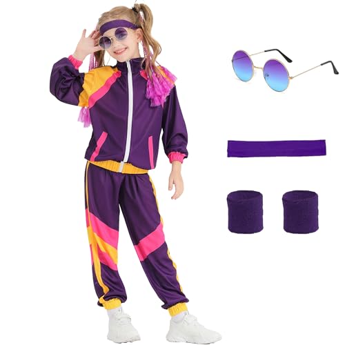 Poywuo 80er 90er Jahre Kostüm Kinder Jungen Mädchen 80s 90s Jogginganzug Trainingsanzug Sportanzug Tracksuit für Fasching Halloween Karneval Mottoparty,Lila,L(11-12 jahre) von Poywuo