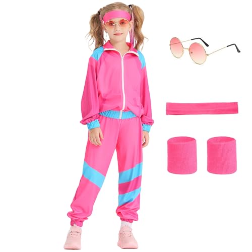 Poywuo 80er 90er Jahre Kostüm Kinder Jungen Mädchen 80s 90s Jogginganzug Trainingsanzug Sportanzug Tracksuit für Fasching Halloween Karneval Mottoparty,Pink,L(11-12 jahre) von Poywuo