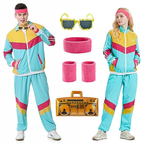 Poywuo 80er 90er Jahre Outfit Herren Damen 80er Trainingsanzug Jacke Hose Anzug für Fasching, 80er Jahre Kostüm Herren Damen Retro Jogginganzug, 80 90 Jahre Outfit Erwachsene von Poywuo