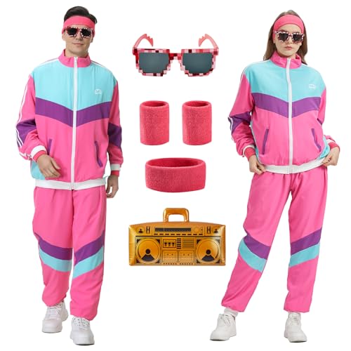 Poywuo 80er 90er Jahre Outfit Herren Damen 80er Trainingsanzug Jacke Hose Anzug für Fasching, 80er Jahre Kostüm Herren Damen Retro Jogginganzug, 80 90 Jahre Outfit Erwachsene von Poywuo