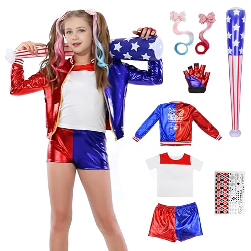 Poywuo Kostüm für Kinder, Halloween Girl Kostuem fur Mädchen Karneval Costume for Girls mit Perücke, Jacke, T-Shirt, Shorts, Handschuhe von Poywuo