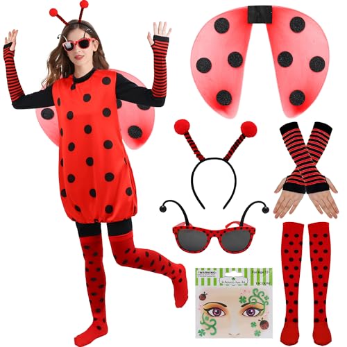 Poywuo Marienkäfer Kostüm für Damen,6 Stück Käfer Kostüm für Erwachsene Karneval Ostern Halloween Cosplay Party (Roter Anzug, L) von Poywuo