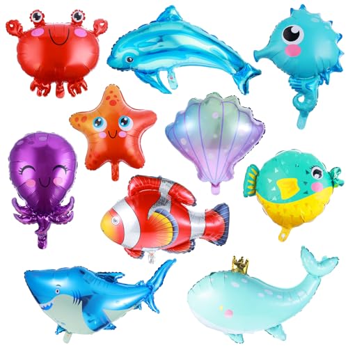 Prasacco 10 Stück Meerestiere Folienballon, Kinder Geburtstagsdeko Ozean Thema Party Luftballon Hai Seestern Kugelfisch Oktopus Krabbe Wal Seepferdchen Muschel Clownfisch Delfin Meerestiere Ballon von Prasacco