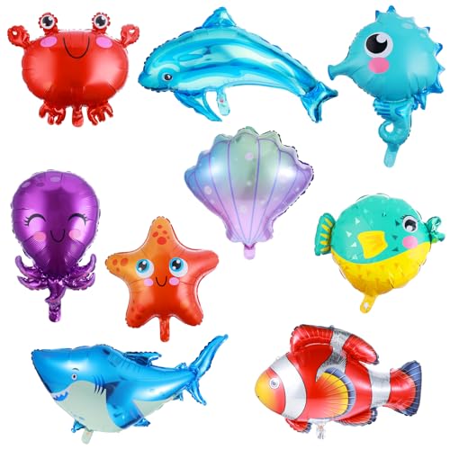 Prasacco 10 Stück Meerestiere Folienballon, Kinder Geburtstagsdeko Ozean Thema Party Luftballon Hai Seestern Kugelfisch Oktopus Krabbe Wal Seepferdchen Muschel Clownfisch Delfin Meerestiere Ballon von Prasacco