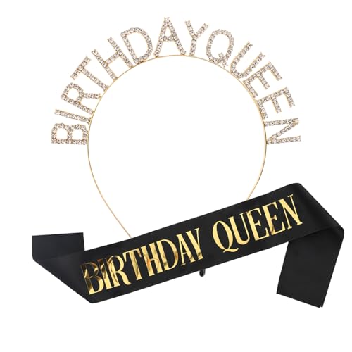 Prasacco 2 Stück Geburtstag Krone Schärpe Set, Birthday Queen Geburtstagsdekoration Goldene Kristall Geburtstagskrone und Schwarzer Geburtstag Schärpe Set Glänzende Strass Krone für Mädchen-Geburtstag von Prasacco