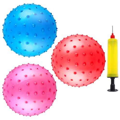 Prasacco 3 Stück Noppenball, 20 cm Aufblasbarer Yoga-Ball Knorrige Bälle Massage Stress Balls mit Luftpumpe für Drinnen und Draußen, Strand, Spielplatz, Hinterhof, Pool Spielen (Rot, Blau, Rosa) von Prasacco