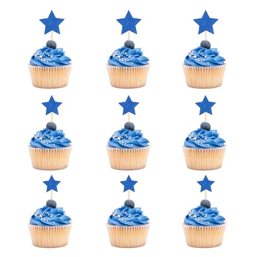 Prasacco 30 Stück Stern Cupcake Topper, Blaue Stern Kuchenaufsatz Glitzer Stern Cake Topper 3 Größen Tortendeko für Geburtstage, Hochzeiten, Verlobungen, Brautpartys, Babypartys, Partys (45/35/30 mm) von Prasacco