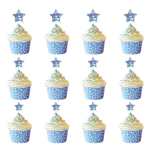 Prasacco 30 Stück Stern Cupcake Topper, Lasersilber Kuchenaufsatz Glitzer Stern Cake Topper 3 Größen Tortendeko für Geburtstage, Hochzeiten, Verlobungen, Brautpartys, Babypartys, Partys (45/35/30 mm) von Prasacco