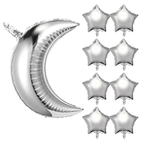 Prasacco Folienballon aus Aluminium, 9 Stück Silber Stern Mond Luftballons Set Ballon-Dekoration Großer Stern und Mond Ballon Folienballon für Hochzeitsdeko Geburtstagsdeko Valentinstag Party Deko von Prasacco