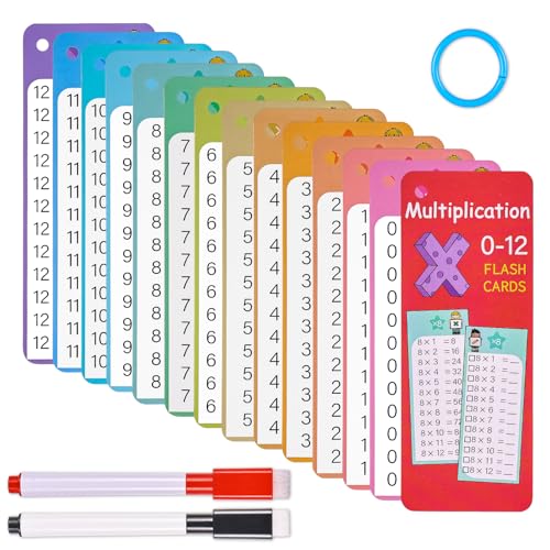 Times Tables Lernkarten 0–12 Multiplikationskarten mit 2 trocken abwischbaren Markern, Multiplikationstabellen, Zeittabellen, Spiele, Zeittabellen, Diagramm, Zeittabellen für Kinder von Prasacco