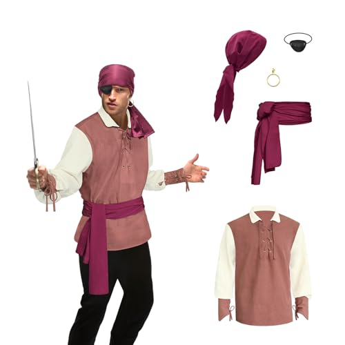 Piratenhemd für Herren, 5-teiliges Piratenkostüm-Set, Renaissance-Piratenhemd, viktorianisches Gothic-Shirt, Mittelalter-Kostüm, Wikinger-Kostüm, Cosplay, Braun/weiße Ärmel, L von Prebene