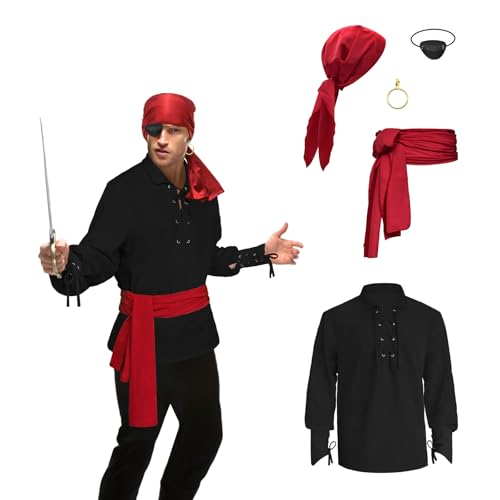 Piratenhemd für Herren, 5-teiliges Piratenkostüm-Set, Renaissance-Piratenhemd, viktorianisches Gothic-Shirt, Mittelalter-Kostüm, Wikinger-Kostüm, Cosplay, Schwarz, L von Prebene