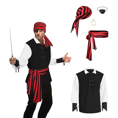 Piratenhemd für Herren, 5-teiliges Piratenkostüm-Set, Renaissance-Piratenhemd, viktorianisches Gothic-Shirt, Mittelalter-Kostüm, Wikinger-Kostüm, Cosplay, Schwarz-weiße Ärmel, M von Prebene