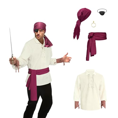 Piratenhemd für Herren, 5-teiliges Piratenkostüm-Set, Renaissance-Piratenhemd, viktorianisches Gothic-Shirt, Mittelalter-Kostüm, Wikinger-Kostüm, Cosplay, Weiß/Braunes Handgelenk, L von Prebene