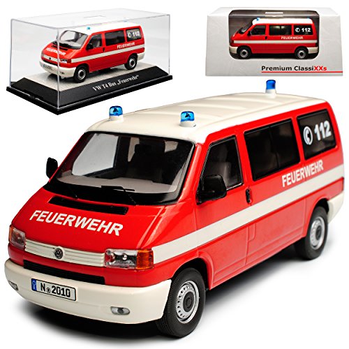 Premium ClassiXXs Volkwagen T4 Bus Transporter Feuerwehr Rot 1990-2003 1/43 Modell Auto mit individiuellem Wunschkennzeichen von Premium ClassiXXs