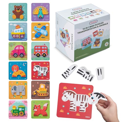 Prextex 12 Teile Puzzles für Kinder - 6 Tiere und 6 Transportpuzzles für Kleinkinder - Fördert die Entwicklung der Feinmotorik, Hand-Augen-Koordination - Montessori-Spielzeug - Tierpuzzles von Prextex