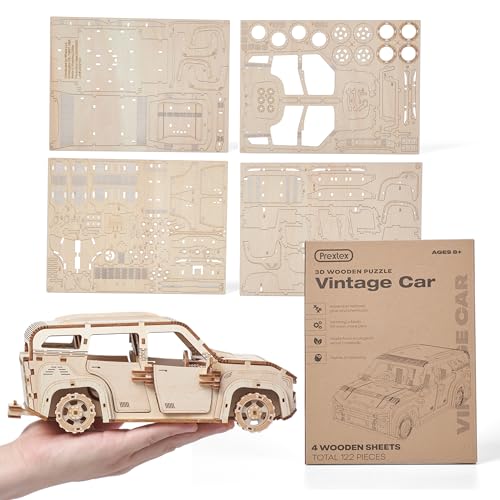 Prextex 3D Holzauto Puzzle - Oldtimer Kit - 122 Präzisionsteile Stabiles Holz - Kein Kleber für die Montage erforderlich - Holzpuzzles für Erwachsene - Ideal für Hobbyisten, Sammler & Geschenke - 30,5 von Prextex