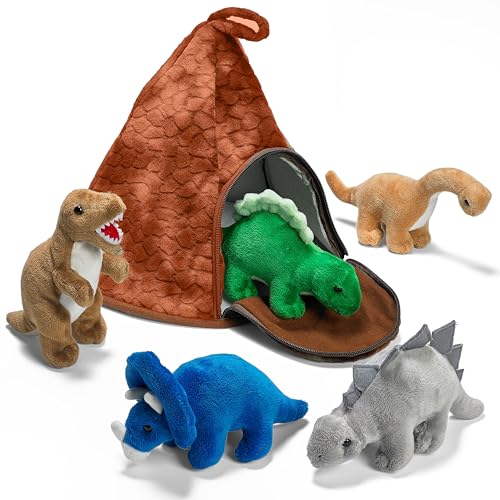 Prextex Dinosaurier Vulkanhaus Set Mit 5 Hochwertigen Plüsch Dinosauriern, Super Kinder Spielzeug Für Pädagogische Interaktion, Spaß Und Lernen, Perfekt Für Dinosaurier Liebhaber Und Sammler von Prextex