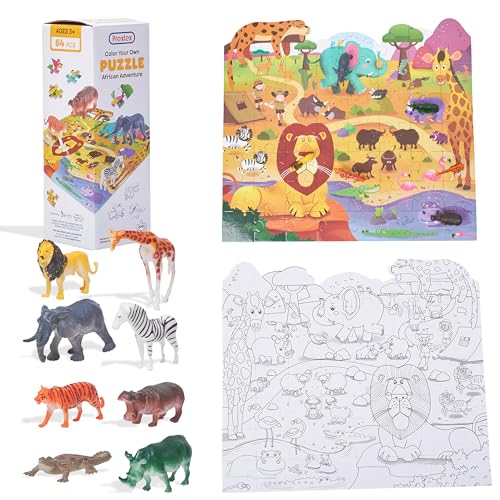 Prextex Doppelseitiges Tierpuzzle – Mehrfarbiges Entwicklungsspielzeug für Feinmotorik, Kreativität und Organisation – 56-teiliges Safari-Puzzle mit 8 Tierfiguren – 41,9 x 37,1 cm von Prextex