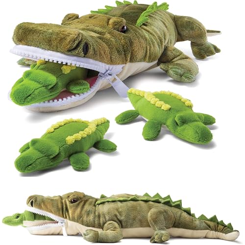 Prextex Kuscheltiere Plüsch-Krokodil mit 3 kleinen Baby-Krokodilen-Alligator Plüschtiere Spieleset von Prextex