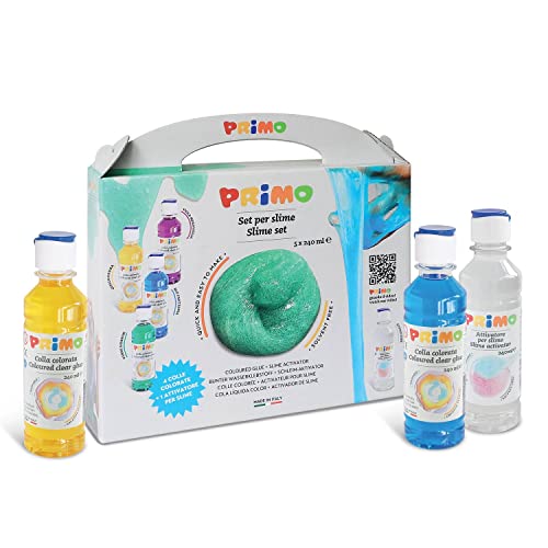 PRIMO – Farbiger, Transparenter Flüssigkleber Kleber Ideal für Slime für Kinder ab 3 J, 4 Farbkleber 240 ml mit Spender + Aktivator 240 ml, Kofferset für Schreibwaren, Kreative Arbeiten und Découpage von Primo