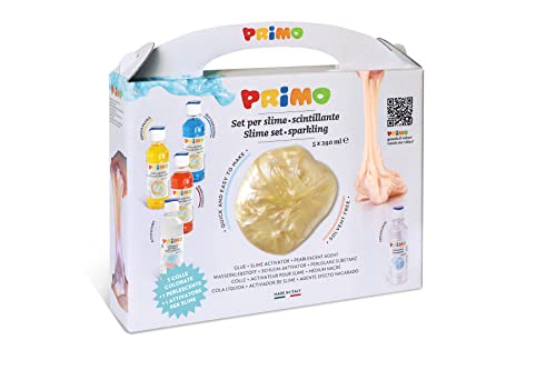 PRIMO – Farbiger, Transparenter Flüssigkleber Kleber Ideal für Slime für Kinder ab 3 J, 3 Farbkleber 240 ml mit Spender + Aktivator + Perlglanz 240 ml, Kofferset für Schreibwaren, Kreative Arbeiten von Primo