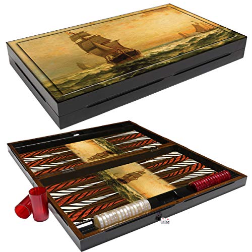 PrimoLiving Deluxe Holz Backgammon Sailor im XXL Format 57x48,8 cm - Tavla Backgammon Holz Koffer klappbar von PrimoLiving