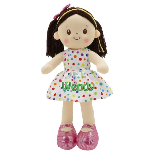 Personalisierte braune Stoffpuppen, weiche Stoffpuppe, buntes Kleid mit Punkten, 40,6 cm, personalisierte Stoffpuppen für Mädchen von Printualist