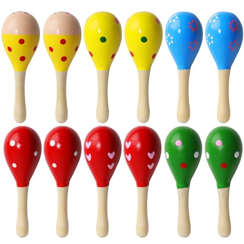 Prmape 12 Stück Mini Hölzerne Maracas, Maracas Holz Kinder, 12cm Rassel Holz Musikinstrument, Rasseln Aus Holz für Kinder, Partys und Schulen von Prmape