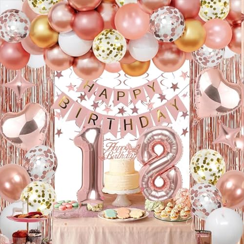 Deko 18 Geburtstag Mädchen, Roségold Geburtstag Party Dekorationen 18th mit Happy Birthday Banner, 18 Geburtstagsdeko Luftballon Girlande Party Deko für Frauen Königin Prinzessin Geburtstag Party… von Probuk