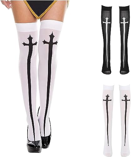 Halloween Strümpfe Probuk 1 Paar Overknees Strümpfe Damen Weiß, Cosplay Lolita Gothic Socken, Hohe Kniestrümpfe für Weihnachten, Karneval, Mottoparty, Halloween Cosplay Kostüm-Accesoire von Probuk