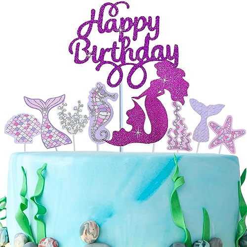 Meerjungfrau Tortendeko, 11 Stücke Happy Birthday Tortendeko, Ocean Theme Kuchendekoration Tortenaufleger, Cupcake Cake Toppers, Mädchen Partydeko, Meerjungfrau Torten Deko für Mädchen Frauen von Probuk