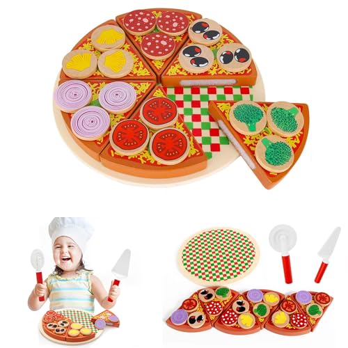 Pizza Set Holz, Simulations-Pizza-Lernspielzeug aus Holz, Kinderküche Zubehör Pizza Set Holz, Spielküche Zubehör Holz, Pizza Kinderküche Zubehör, Kreative Geschenke für Kinder, Geburtstagsgeschenke von Probuk