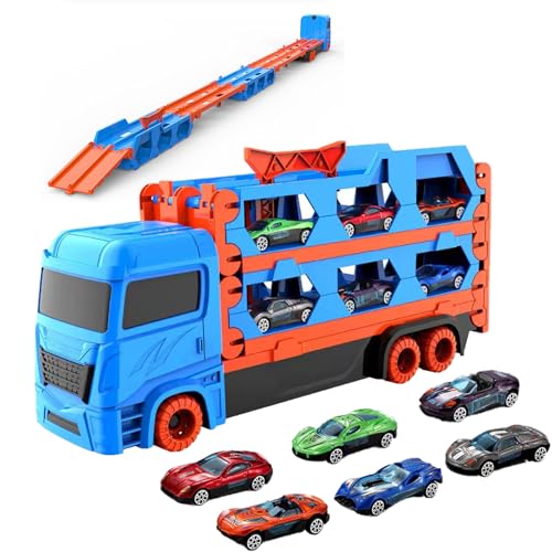 Probuk Transport Truck Spielzeugautos,Auto Spielzeug für Jungen im Alter von 3,4,5,6 Jahren,Tragbarer LKW Spielzeug mit 6 Rennautos,Transporter Fahrzeug Set Kinder von Probuk