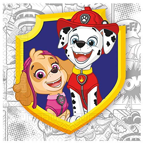 Procos 91668 - Servietten Paw Patrol, Marshall & Skye, 20 Stück, Größe 33 x 33 cm, kompostierbare Papierservietten, Motivservietten, Paw Patrol, Tischdekoration, Mundtuch von Procos