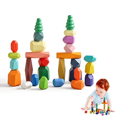 Promise Babe Montessori Holzspielzeug 28 PC Balanciersteine für Kinder,Stapelsteine Bausteine Balance Steine, Holz Stapelspielzeug Sortieren Stapeln Balancier Stein Stapelspiel Lernspielzeug 3 Jahr+ von Promise Babe