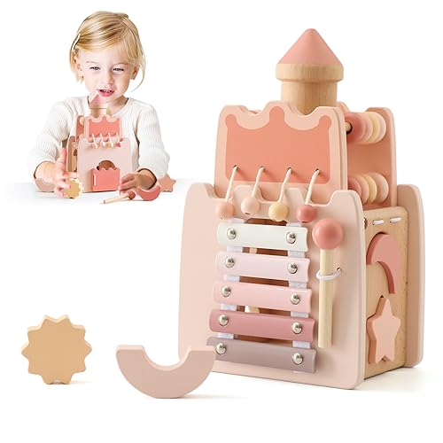 Promise Babe Montessori Spielzeug Baby Holzspielzeug,5 in 1 Rosa Schloss Lernspielzeug Motorikwürfel Sensorik Motorikspielzeug Activity Würfel Motorikschleife Geschenk Baby Mädchen Aktivitätswürfel 3+ von Promise Babe