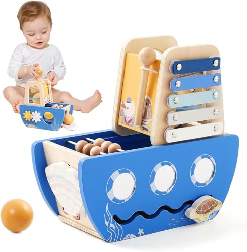 Promise Babe Montessori Spielzeug Baby Holzspielzeug 5 in 1 Blau Ozeane Lernspielzeug Motorikwürfel Sensorik Motorikspielzeug Activity Würfel Motorikschleife Geschenk Männliches Baby von Promise Babe