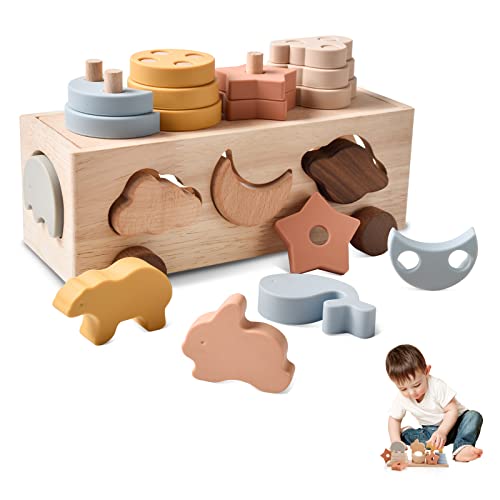 Promise Babe Baby Montessori Spielzeug für Klein Kinder, Auto Holz Silikon Formen Sortieren Stapeln Spielzeug Jungen Mädchen Stapelspielzeug Pädagogisches Geometrisch Spielzeug Geburtstag Geschenk 3+ von Promise Babe