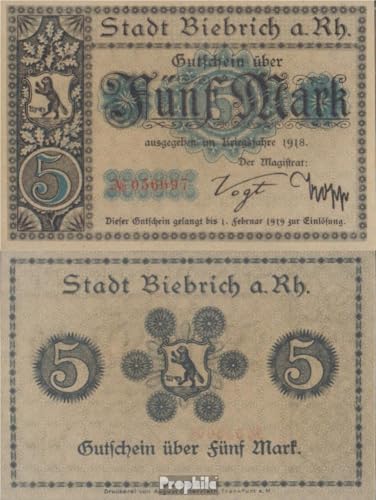 Prophila Collection Geldschein Biebrich am Rhein Notgeld Stadt Biebrich am Rhein, mit Stempel ungültig gebraucht (III) 1918 5 Mark (Banknoten für Sammler - kein Zahlungsmittel) von Prophila Collection