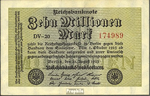 Prophila Collection Geldschein Deutsches Reich Rosenbg: 105a, Wasserzeichen Hakensterne 6stellige Kontrollnummer gebraucht (III) 1923 10 Millionen Mark (Banknoten für Sammler - kein Zahlungsmittel) von Prophila Collection