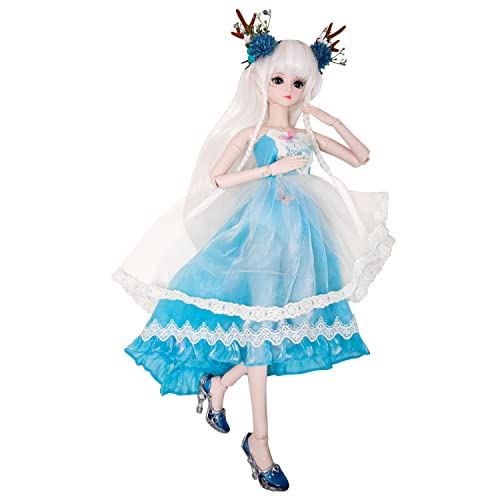 Proudoll 1/3 BJD-Puppe, 60 cm, Kugelgelenk, SD-Puppen, bewegliche Gelenke, Actionfiguren, blaue Hirschfee mit Elfenohren + Perücke + Kleid + Basis-Make-up von Proudoll