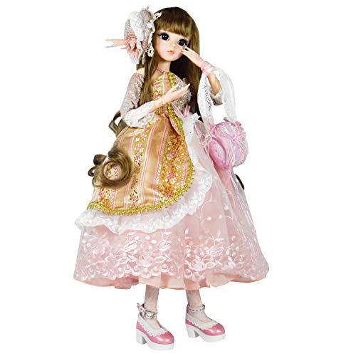 Proudoll 1/3 BJD-Puppe, 60 cm, SD-Kugelgelenk, Prinzessinnenanzug, Perücke, Kleid, Schuhe, frei zu wechseln, DIY-Geschenk für Mädchen (Doll + komplettes Zubehör, Pink-EWL) von Proudoll