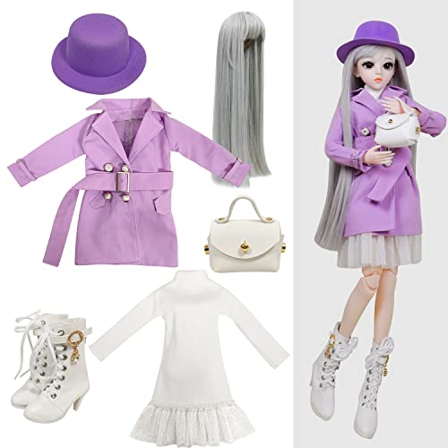 Proudoll 1/3 BJD Puppe Kleidung Outfit Set Handgefertigte stilvolle lila Mantel, Hut, Kleid, Perücke, Ledertasche und Stiefel, kompatibel mit 1/3 60cm 24in SD Puppen von Proudoll