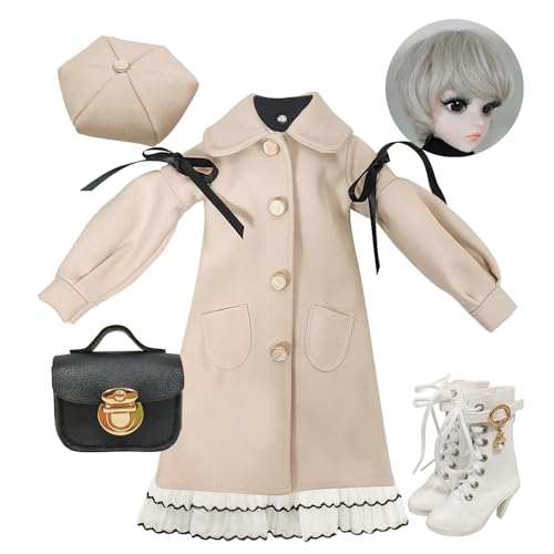 Proudoll 1/3 BJD Puppe Kleidung Outfit Set Handmade stilvolle Beige Mantel, Beret, Kleid, Perücke, Ledertasche und Stiefel, kompatibel mit 1/3 60cm 24in SD Puppen von Proudoll