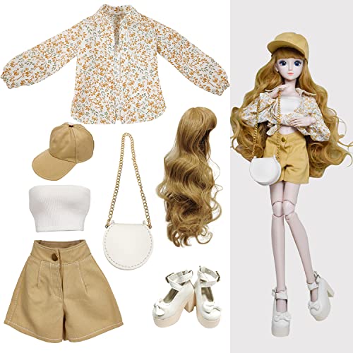 Proudoll 1/3 BJD Puppe Kleidung Outfit Set Handmade stilvolle Blumen Bluse, Tank, kurz, Kappe, Perücke, Cross-Body Tasche und High Heel, kompatibel mit 1/3 60cm 24in SD Puppen von Proudoll